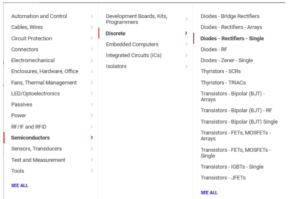 Categories that lead to diodes on Digikey